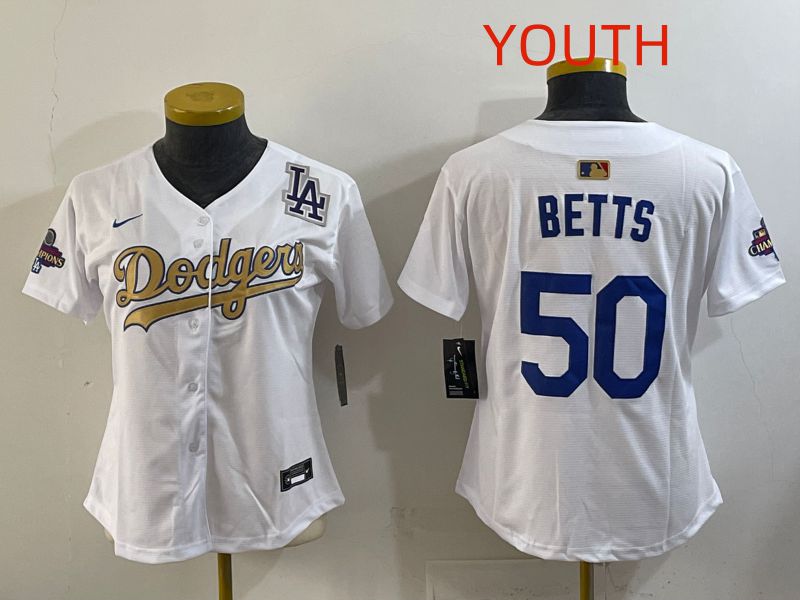Youth Los Angeles Dodgers #50 Betts White Champion edition Nike MLB Jersey style 005